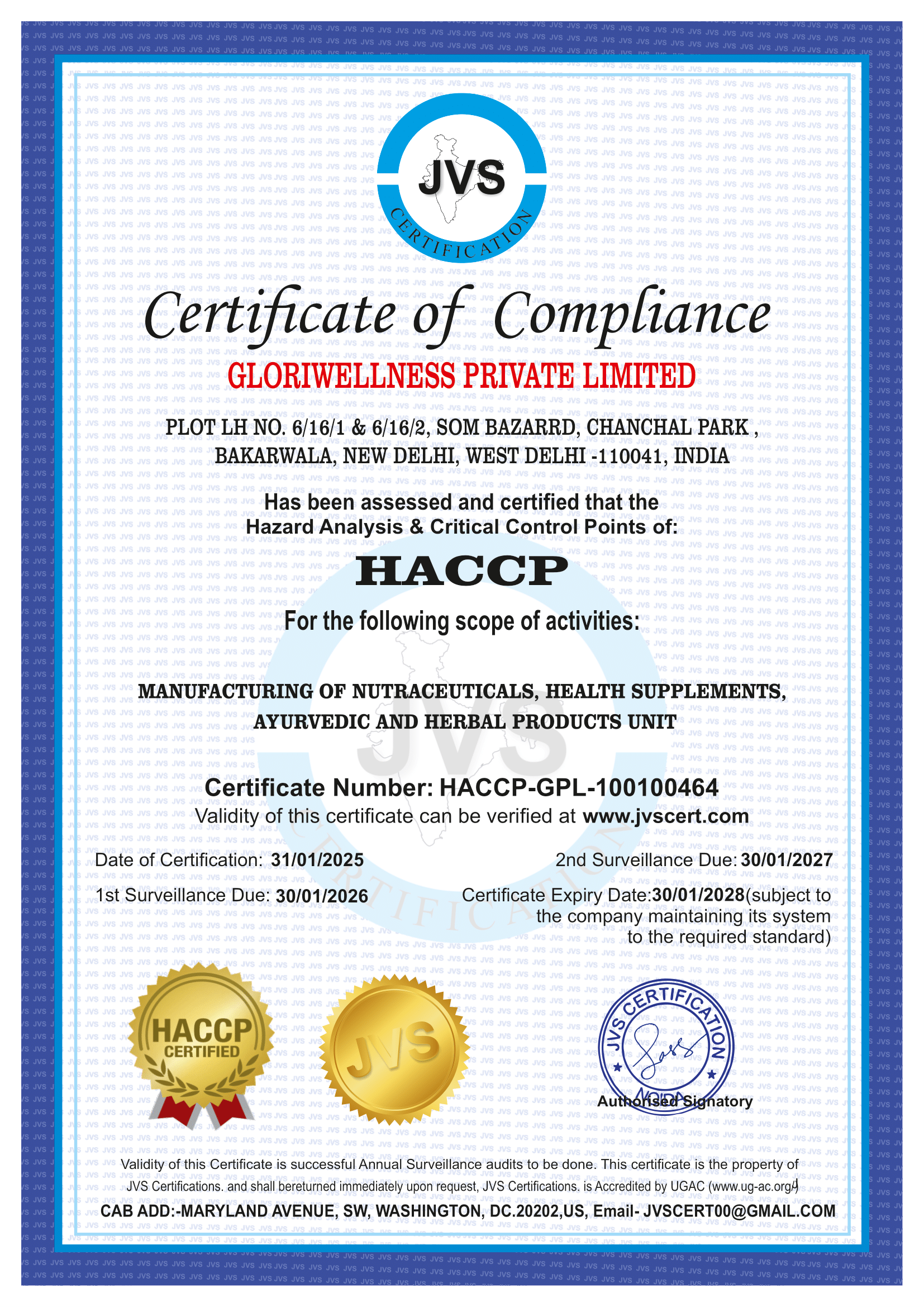 GLORIWELLNESS PRIVATE LIMITED HACCP F-1