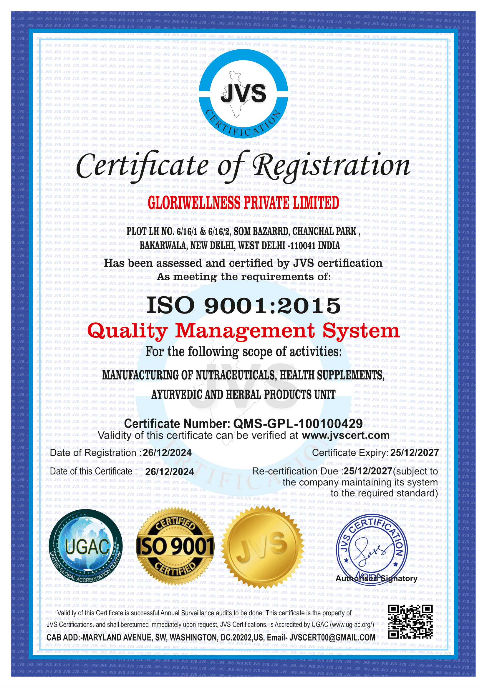 GLORIWELLNESS PRIVATE LIMITED ISO9001F100429-1